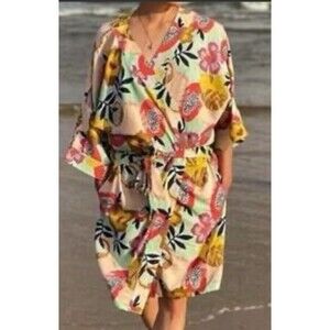 Noonday Collection Papaya Print Kimono Robe 3/4 Sleeve Pockets M/L Resort Beach
